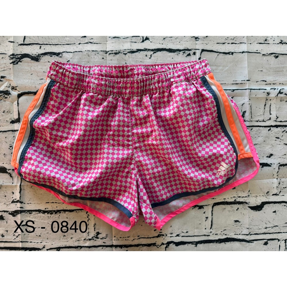 RARE Adidas Womens Pink Checkered Running Shorts XS Mesh Stripe Gym 0840